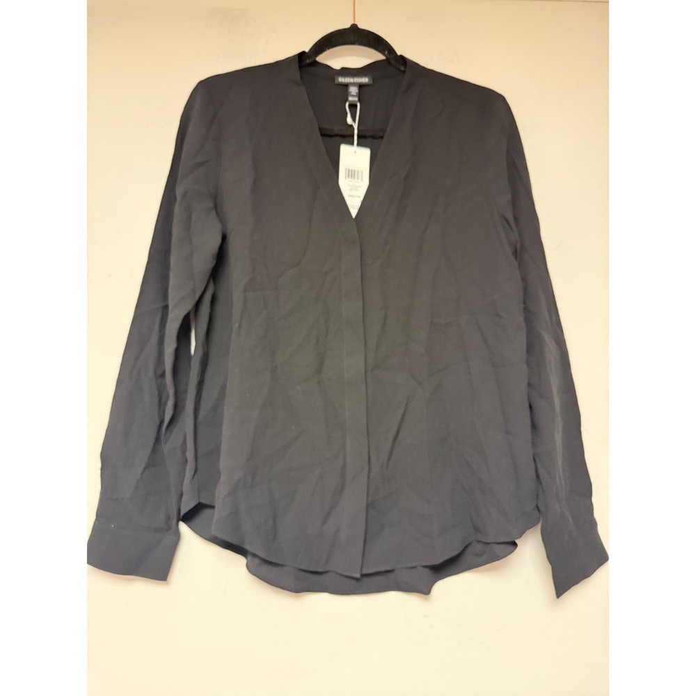 EILEEN FISHER Black Silk V Neck Long Sleeve Blouse‎ Shirt XXS